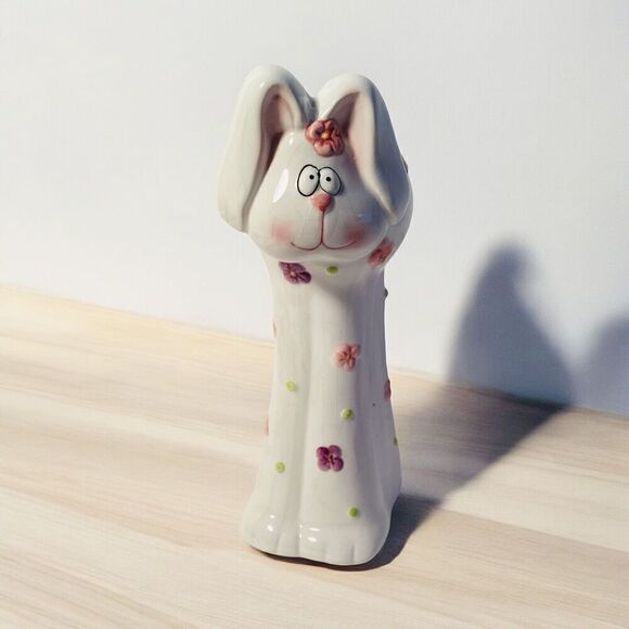 Ceramic Bunny Rabbit Coin Piggy Bank White And Pink 8" Tall - Picture 4 of 4